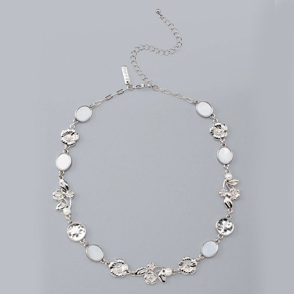 WHBM Silvertone & GENUINE Mother-Of-Pearl MOP Floral Single-Strand Neclace - Picture 3 of 4